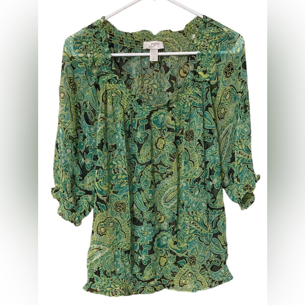 Ann Taylor Loft Top Women’s Small  Blouse Peasant 3/4 Puff Sleeves Sheer Floral